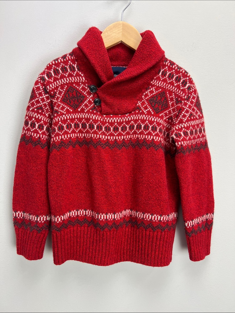 GAP Kids Red Fair Isle Sweater Shawl Collar Red Classic Boys XS 4 5 Fall Winter